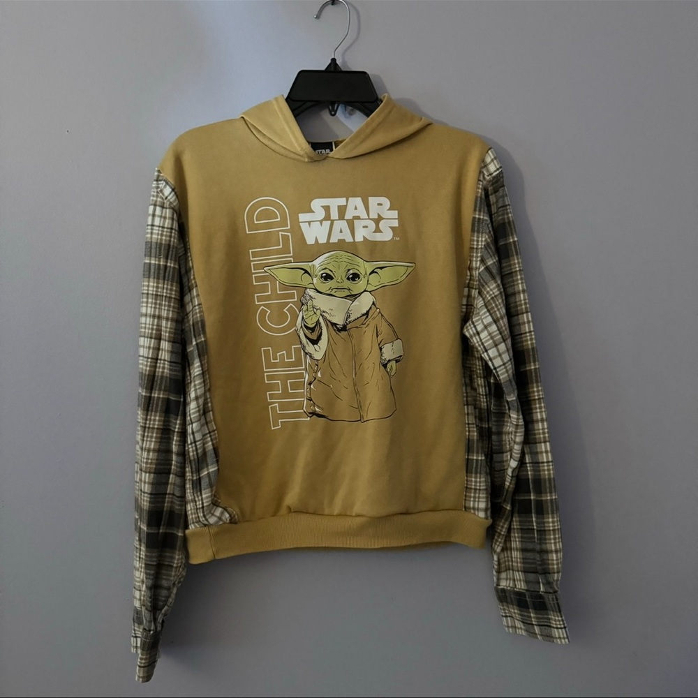 Star Wars The Child Tan Hoodie with Plaid Sleeves